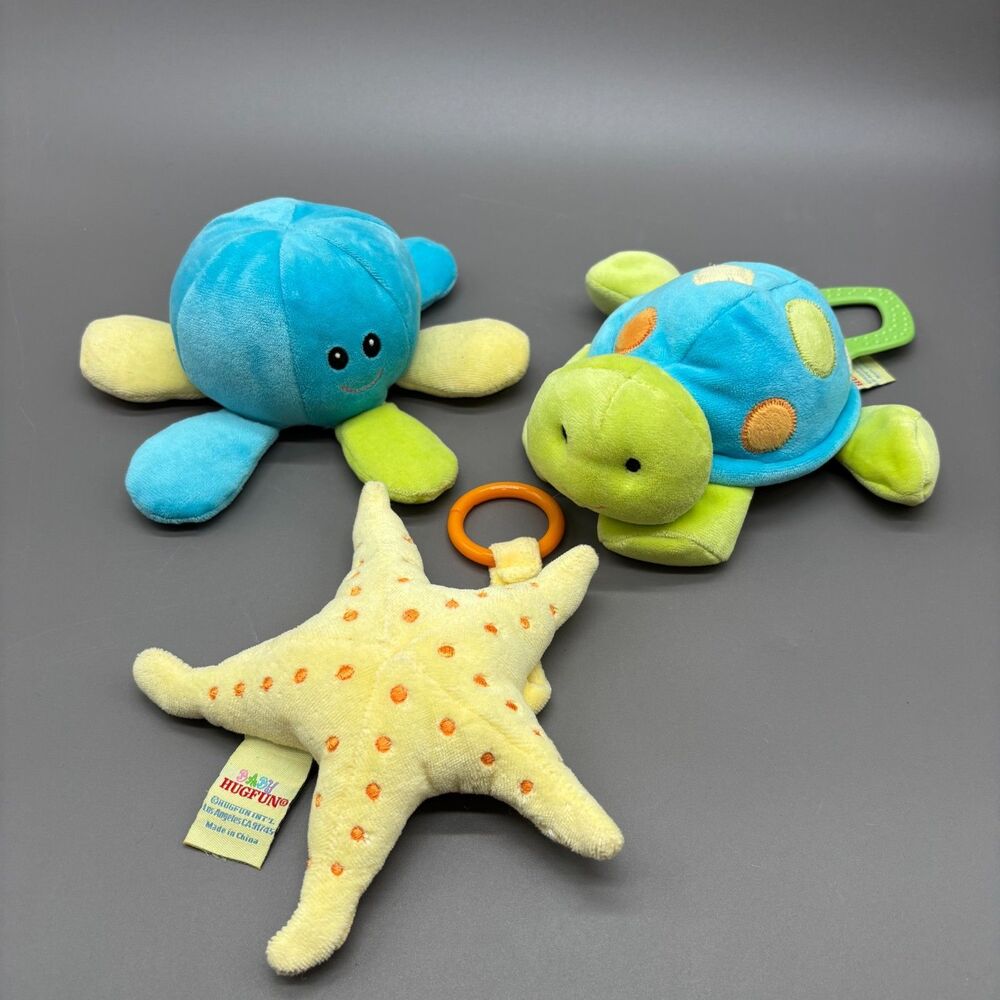 Hugfun Baby Plush Sensory Plush Toys Lot of 3 Sea Life Turtle Octopus Starfish
